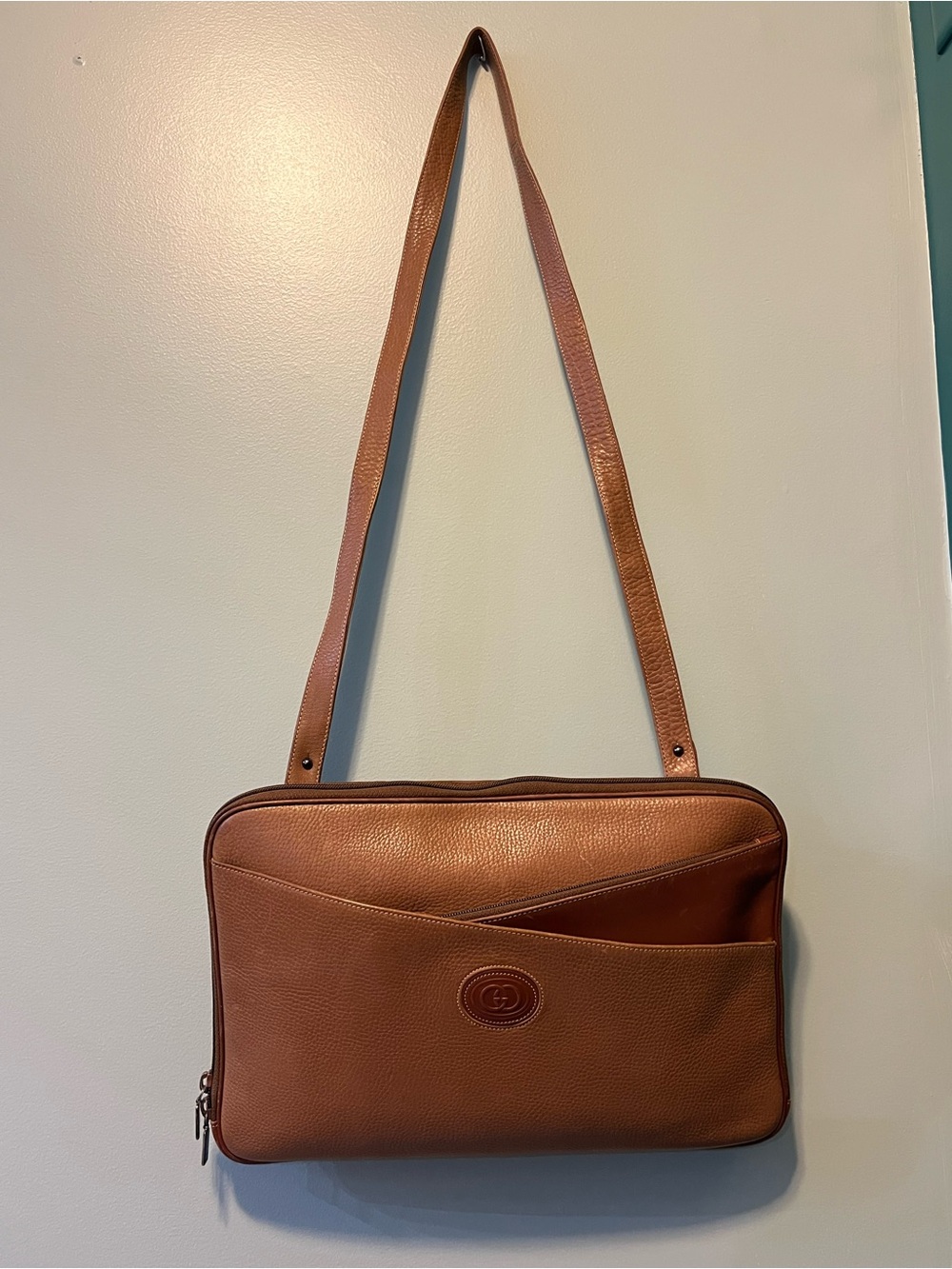 Gucci Brown Leather Shoulder Bag with Front Slip Pocket